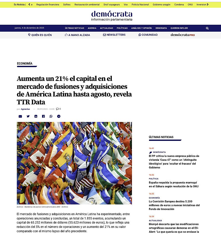 Aumenta un 21% el capital en el mercado de fusiones y adquisiciones de Amrica Latina hasta agosto, revela TTR Data